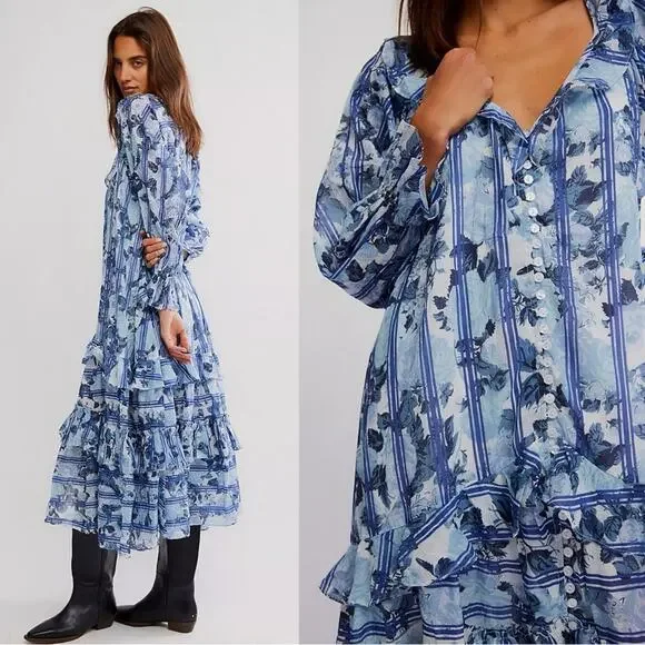 Free People Dainty Ruffle Cottage Garden Wonders Maxi Dress in Blue Combo Large - Picture 3 of 14
